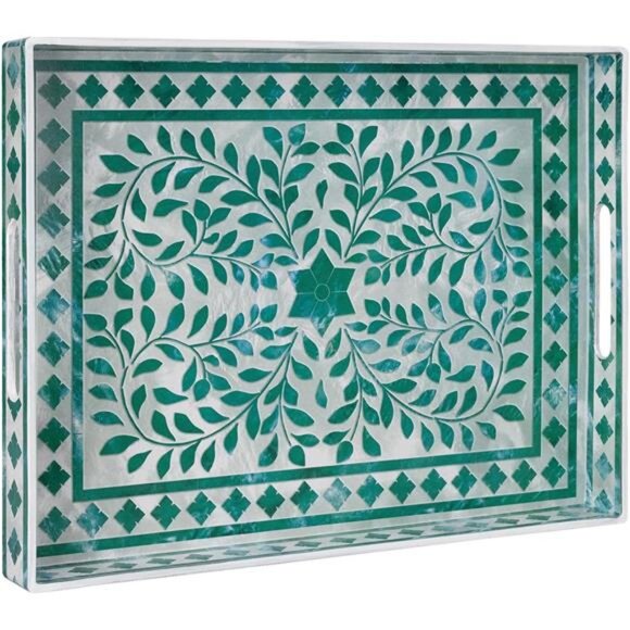 Green Rectangular Serving Tray Decorative Plastic Tray with Handles for Home - Picture 1 of 8